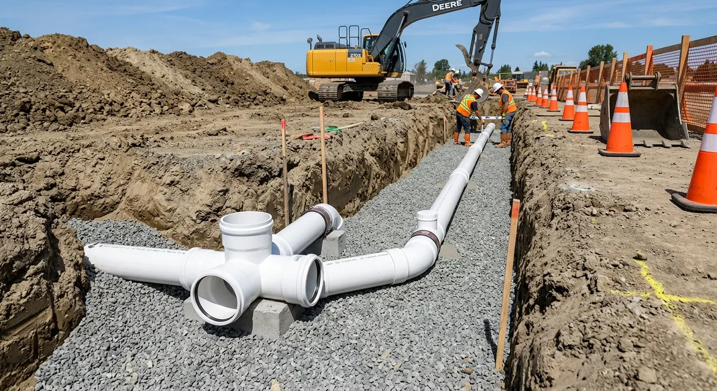 New PVC sewer pipe installation in open trench for Sewer Backup in Sun Village