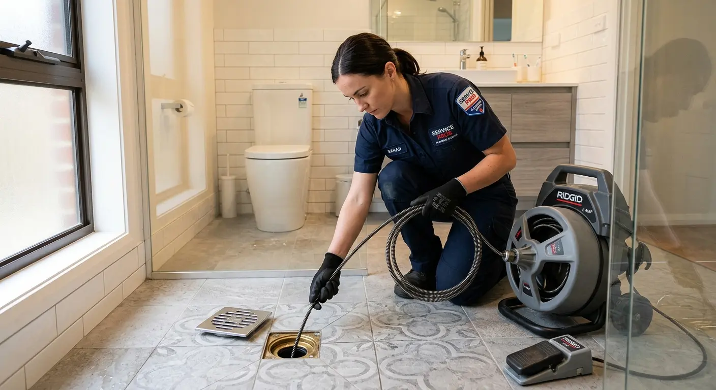 Technician clearing a bathroom floor drain for Sewer Line Replacement in Sun Village